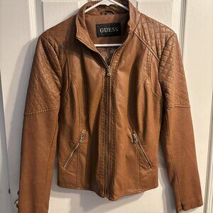 GUESS Women's Brown Quilted-Vegan Leather Moto Jacket